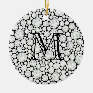 Diamond Gems Monogram Initial Black Elegant Ceramic Ornament