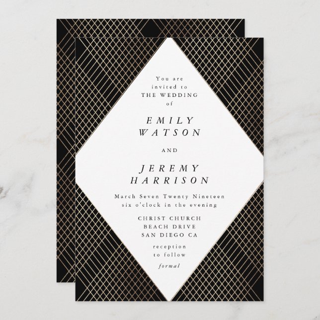 Diamond Geometric Black Deco Gold Gatsby Wedding Invitation (Front/Back)