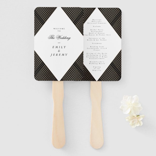 Diamond Geometric Black Gold Gatsby Wedding Hand Fan (Front and Back)