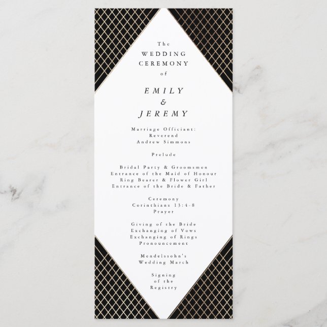Diamond Geometric Black Gold Gatsby Wedding Program (Front)