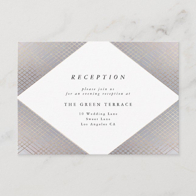 Diamond Geometric Grey Gold Gatsby Reception Card (Front)