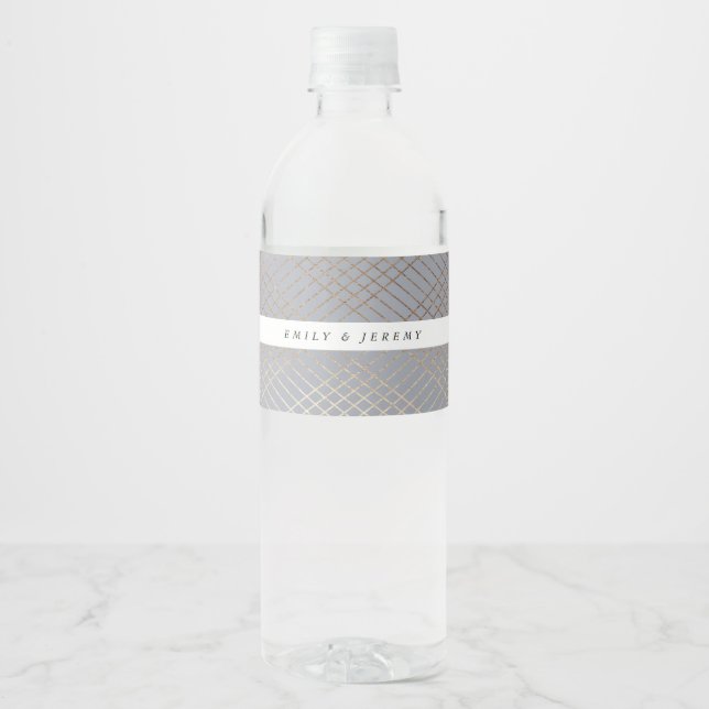 Diamond Geometric Grey Gold Gatsby Wedding Water Bottle Label (Front)