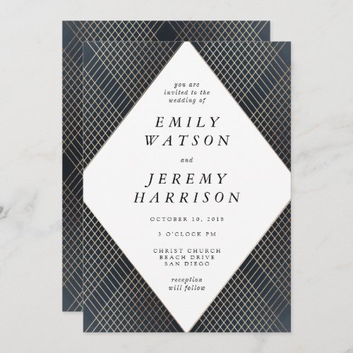 Diamond Geometric Navy Deco Gold Gatsby Wedding Invitation