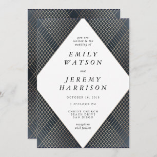 Diamond Geometric Navy Deco Gold Gatsby Wedding Invitation