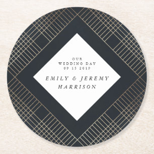 Diamond Geometric Navy Gold Gatsby Wedding Round Paper Coaster