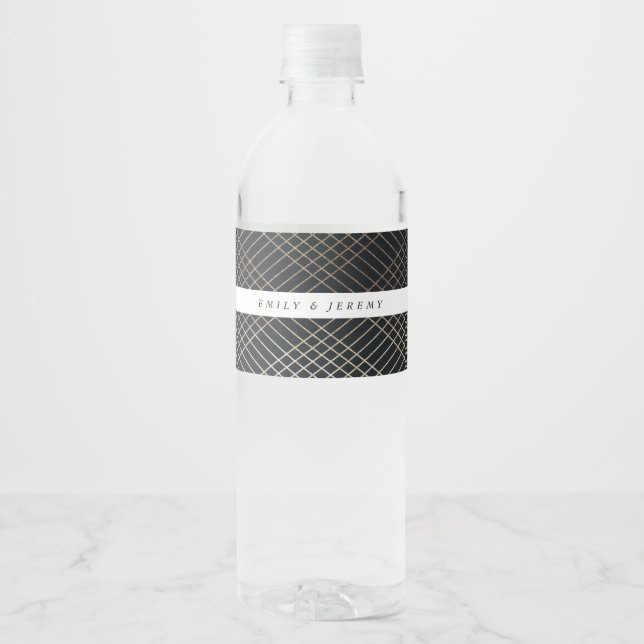 Diamond Geometric Navy Gold Gatsby Wedding Water Bottle Label (Front)