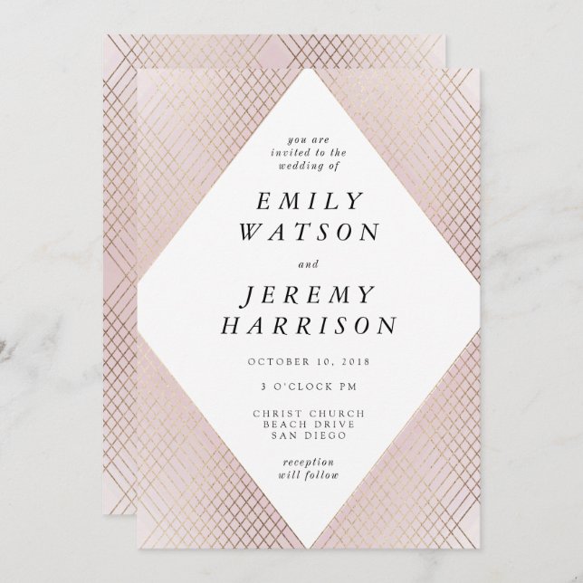 Diamond Geometric Pink Deco Gold Gatsby Wedding Invitation (Front/Back)