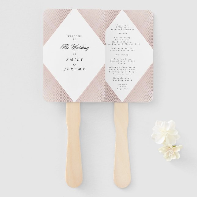 Diamond Geometric Pink Gold Gatsby Wedding Hand Fan (Front and Back)