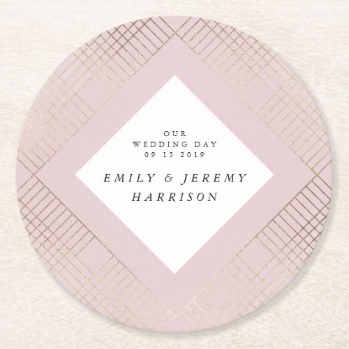 Diamond Geometric Pink Gold Gatsby Wedding Round Paper Coaster