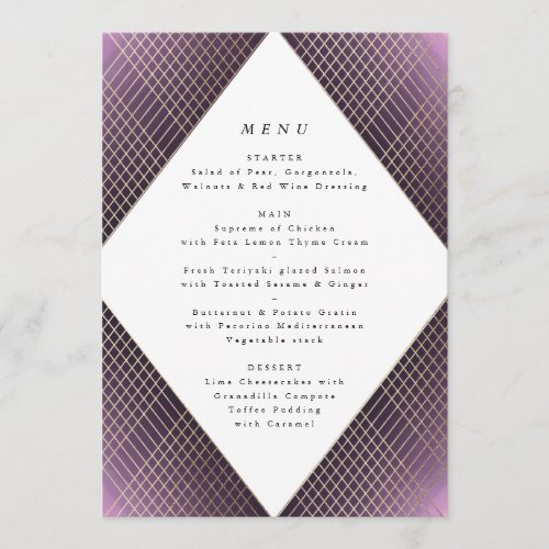 Diamond Geometric Purple Gold Gatsby Wedding Menu