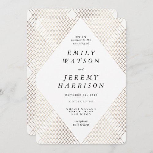 Diamond Geometric White Deco Gold Gatsby Wedding Invitation