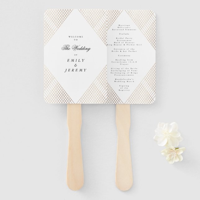 Diamond Geometric White Gold Gatsby Wedding Hand Fan (Front and Back)