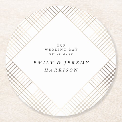 Diamond Geometric White Gold Gatsby Wedding Round Paper Coaster