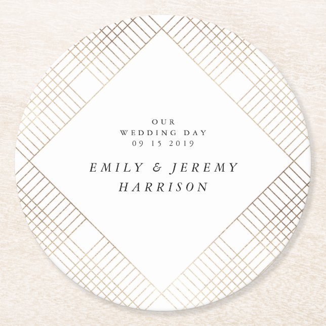 Diamond Geometric White Gold Gatsby Wedding Round Paper Coaster (Front)