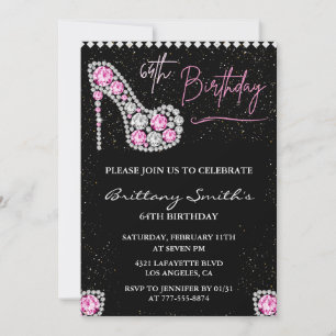 Diamond Glam Black Pink Glitter Shoe 64th birthday Invitation