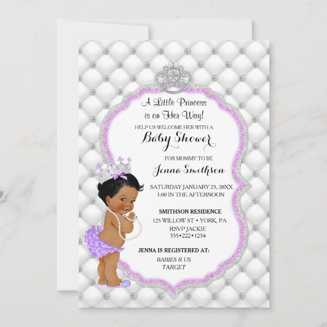 Diamond Glitter Ethnic Princess Baby Girl Lavender Invitation (Front)