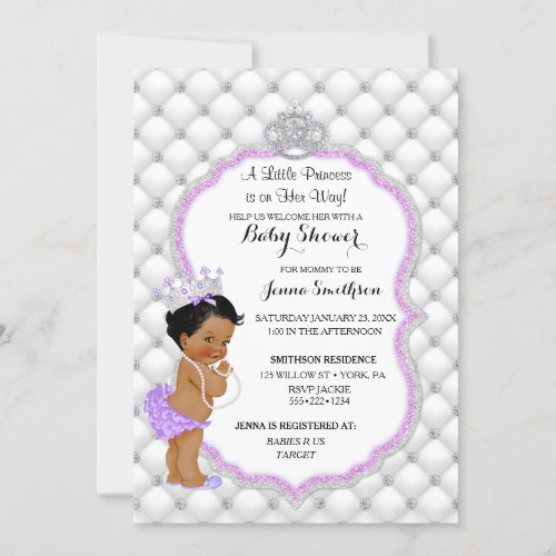 Diamond Glitter Ethnic Princess Baby Girl Lavender Invitation