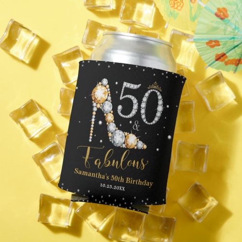 Diamond Glitter Fifty and Fabulous 50th Birthday Can Cooler