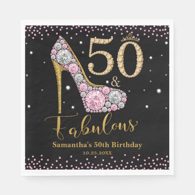 Diamond Glitter Fifty and Fabulous 50th Birthday Napkins (Front)