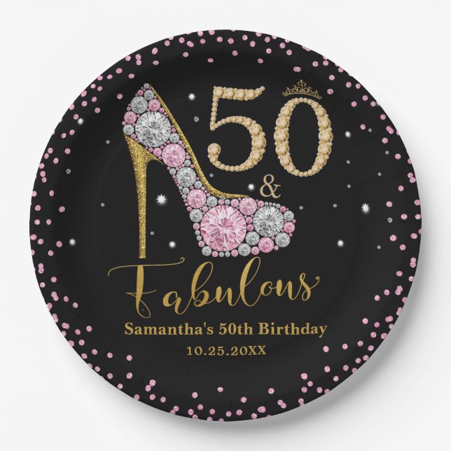 Diamond Glitter Fifty and Fabulous 50th Birthday Paper Plates (Front)