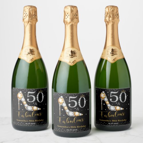 Diamond Glitter Fifty and Fabulous 50th Birthday Sparkling Wine Label