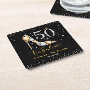 Diamond Glitter Fifty and Fabulous 50th Birthday Square Paper Coaster