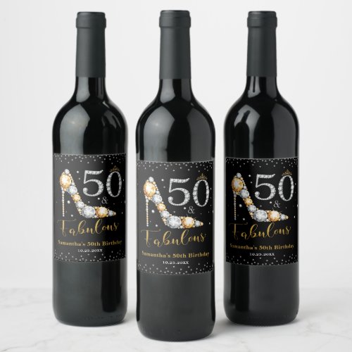 Diamond Glitter Fifty and Fabulous 50th Birthday Wine Label