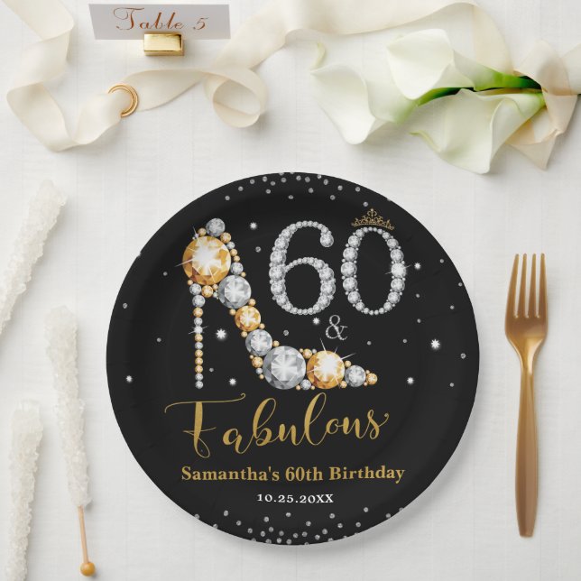 Diamond Glitter Fifty and Fabulous 60th Birthday Paper Plates (Wedding)