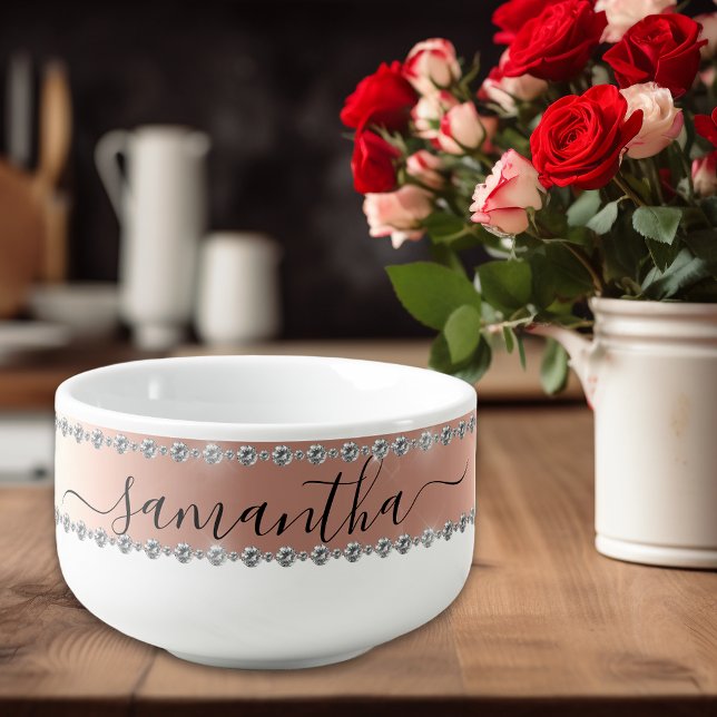 Diamond Glitter Look Name Monogram Rose Gold  Soup Mug (Creator Uploaded)