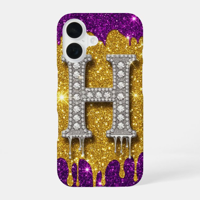 Diamond Glitter Monogram H ✨ Gold Drip Purple iPhone Case (Back)