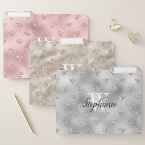 Diamond Glitter Pink Gold Silver Foil Monogram File Folder