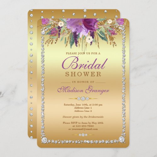Diamond Glitter Watercolor Flowers Bridal Shower Invitation