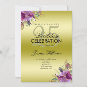 Diamond Glitter Watercolor Flowers Gold Birthday Invitation