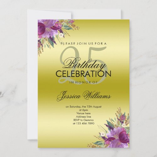 Diamond Glitter Watercolor Flowers Gold Birthday Invitation