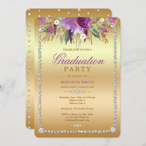 Diamond Glitter Watercolor Flowers Gold Grad Party Invitation