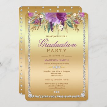 Diamond Glitter Watercolor Flowers Gold Grad Party Invitation by GroovyGraphics at Zazzle