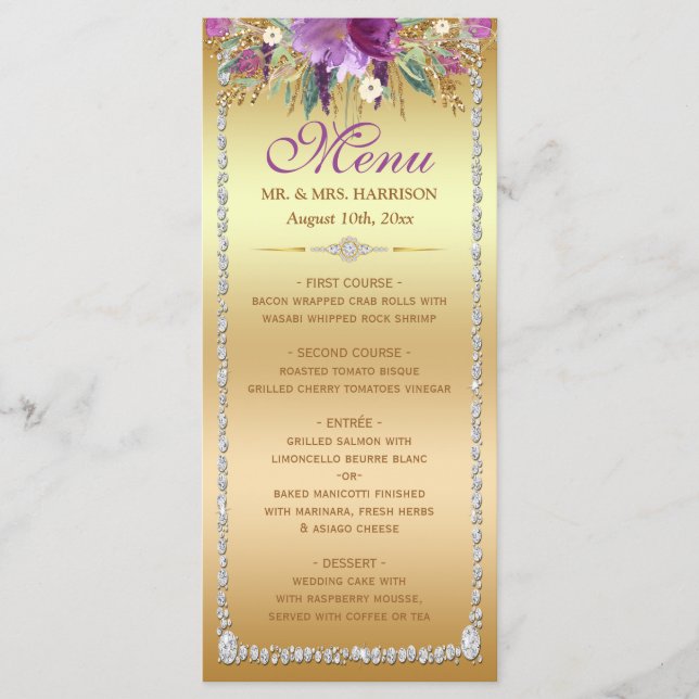 Diamond Glitter Watercolor Flowers Gold Menu (Front)