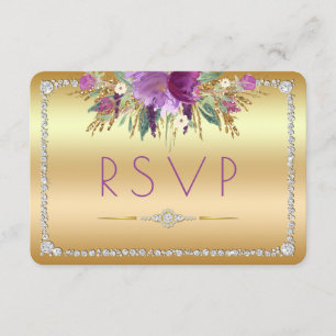 Diamond Glitter Watercolor Flowers Gold RSVP
