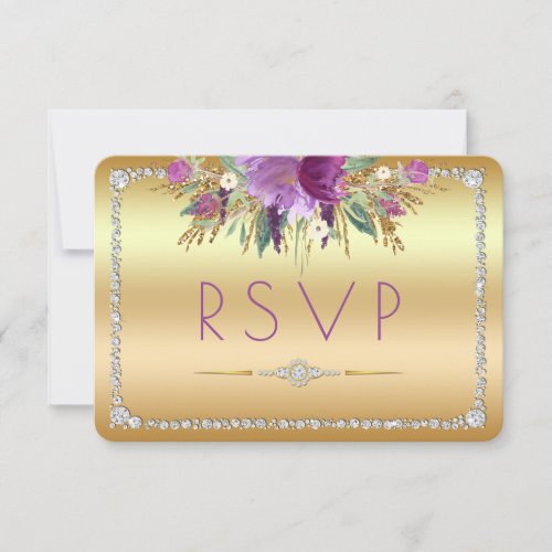 Diamond Glitter Watercolor Flowers Gold RSVP