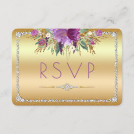 Diamond Glitter Watercolor Flowers Gold RSVP Card
