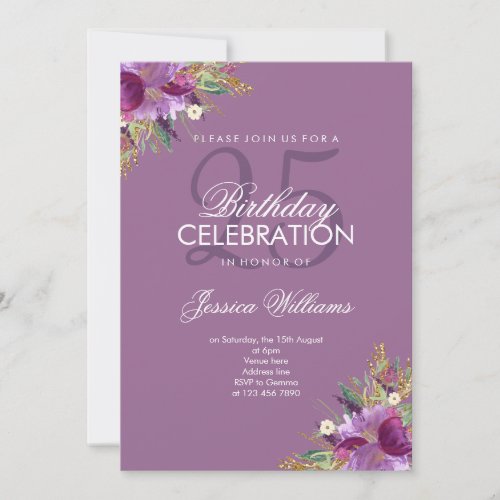 Diamond Glitter Watercolor Flowers Mauve Birthday Invitation