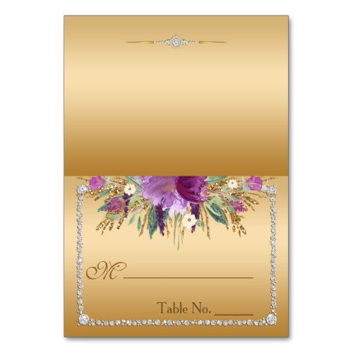 Diamond Glitter Watercolor Flowers Place Card