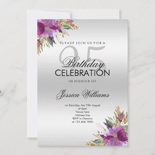 Diamond Glitter Watercolor Flowers Silver Birthday Invitation