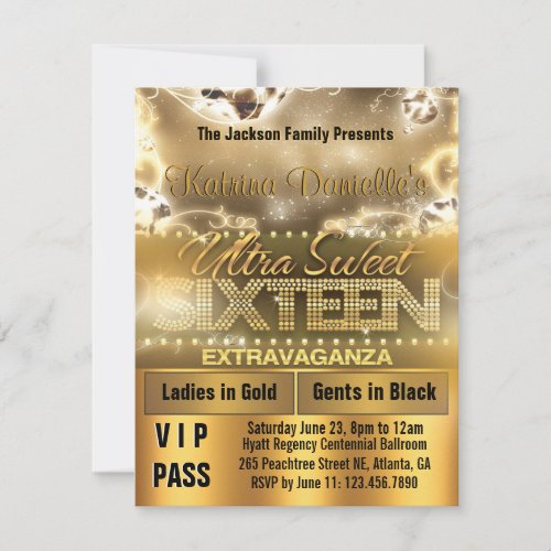 Diamond Glow Sweet Sixteen VIP Pass Invite [Gold]