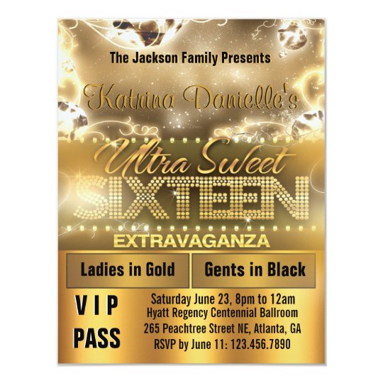 Diamond Glow Sweet Sixteen VIP Pass Invite [Gold] Zazzle