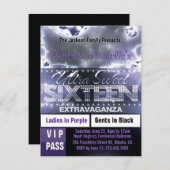 Diamond Glow Sweet Sixteen VIP Pass Invite Purple (Front/Back)
