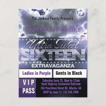 Diamond Glow Sweet Sixteen Vip Pass Invite Purple by TreasureTheMoments at Zazzle