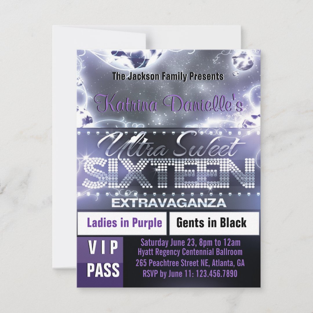 Diamond Glow Sweet Sixteen VIP Pass Invite Purple | Zazzle