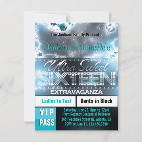 Diamond Glow Sweet Sixteen VIP Pass Invite Teal