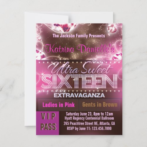 Diamond Glow Sweet Sixteen VIP Pass [Pink Brown] Custom Announcements